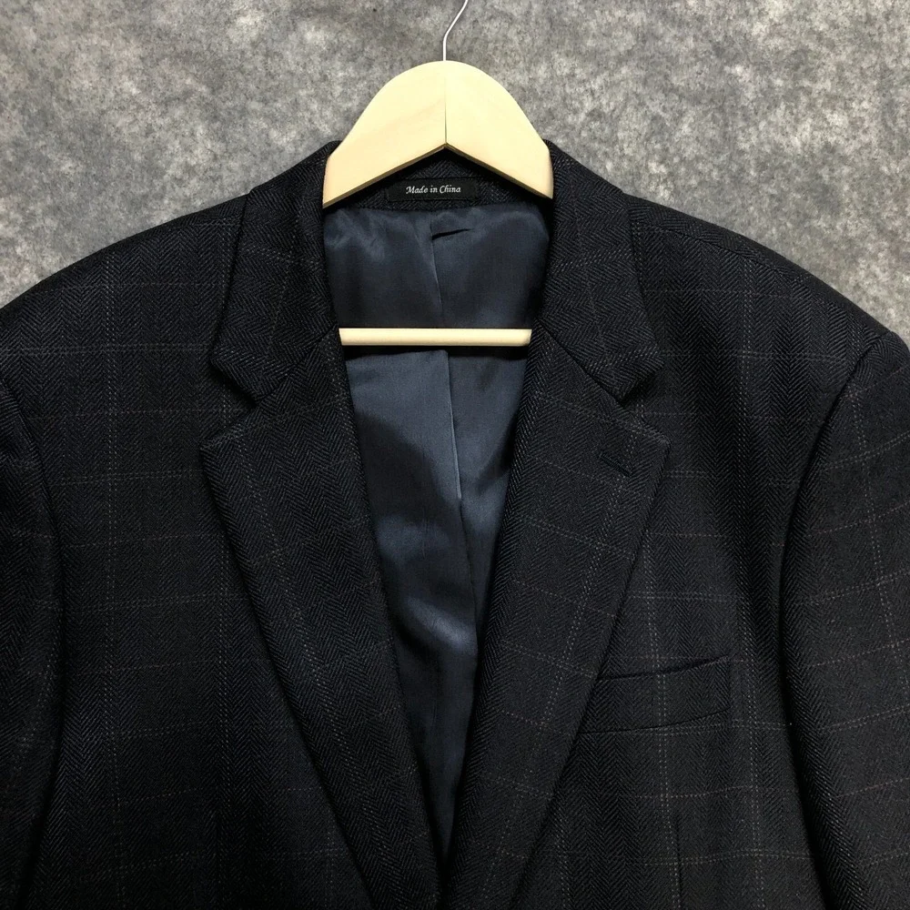 Chaps Blazer Mens 42L Navy Blue‎ 100% Lambswool Herringbone Windowpane Jacket